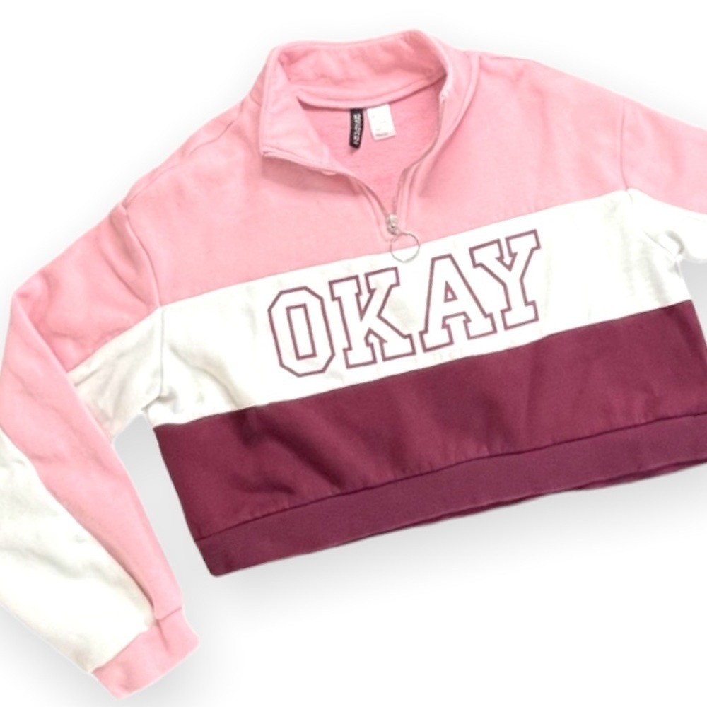Divided Pink Color Block Stripe Cropped Pullover Quarter Zip Sweatshirt Small‎
